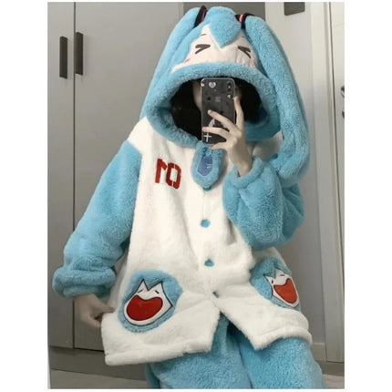 Cute Hatsune Miku creative anime picture soft and comfortable skin-friendly coral velvet thickened warm home wear pajamas set