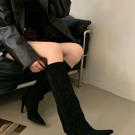 Liyke Autumn Winter Fashion Slim Knee High Boots Women Sexy Pointed Toe Low Thin Heel Shoes Female Long Booties Zapatos De Mujer