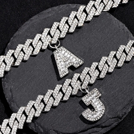 New 14MM Iced Out Cuban Chain 26 Initial Letter Anklets for Women Bling Paved Rhinestone Hip Hop Ankle Bracelet Barefoot Jewelry