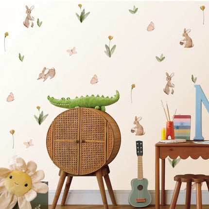 Summertime Watercolor  Cute Bunnies and Flowers Nursery Wall Decal, Peel and Stick  Reusable and Removable Kids Wall Stickers