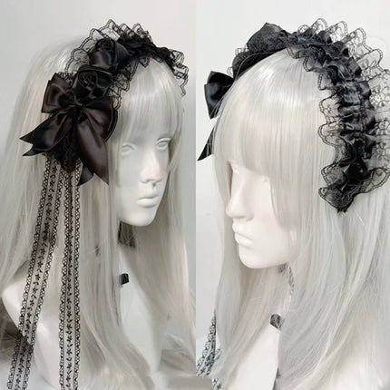 Gothic Lolita Lace Headbands for Women Double Black White Satin Rose Flower Bow with Tassel Elegant Cosplay Hair Accessories