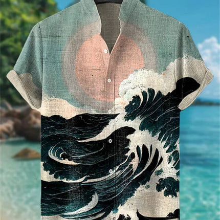 Men's Fashionable Stand up Collar Whale Pattern Retro Short Sleeve Button up Shirt High-Quality Streetwear New 2025