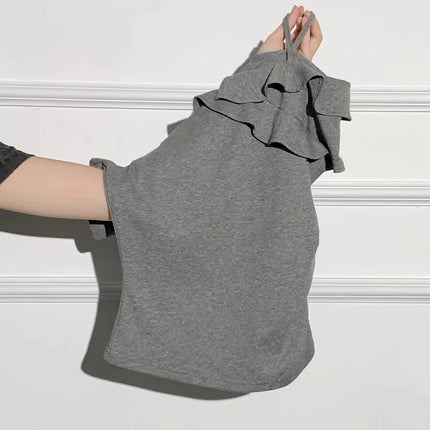 2026 New Style Ruffle Sloping Shoulder Short-sleeved T-shirt Sexy Exposed Collarbone Unique Design Top for Women