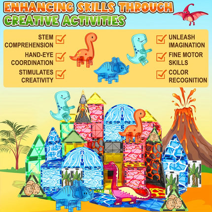 Magnetic Building Block Toys, Magnetic Tiles, Dinosaur Volcano Theme, Creative Blocks Suitable for Birthday Holiday Gifts