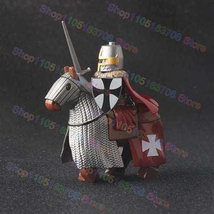 MOC Medieval Military Crusader Knight Building Blocks Castle Army Soldier Figure Horse Mount Shield Sword Accessories Bricks Toy