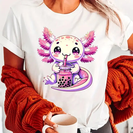Axolotl Print Crew Neck T-shirt Short Sleeve Casual Top Summer Women's Clothing Print Clothing Women's Harajuku Graphic Clothing