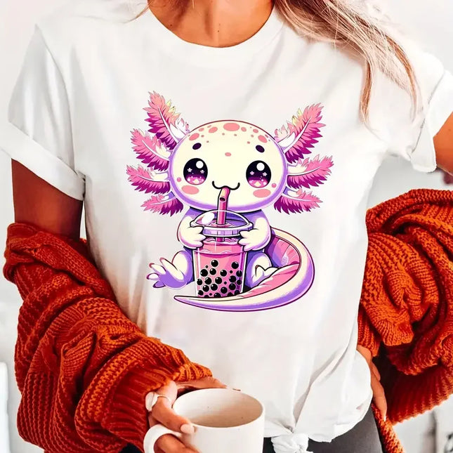 Axolotl Print Crew Neck T-shirt Short Sleeve Casual Top Summer Women's Clothing Print Clothing Women's Harajuku Graphic Clothing