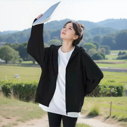 【100% Cotton Classic Style 】 Solid-color Zipper Hoodie for Women, A Thin Cardigan Jacket in Korean Style, Loose and Laid-back