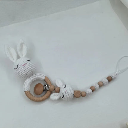 Baby Rattle Crochet Bear Teether Rattle With Bells Pacifier Chain Newborn Montessori Educational Toy Wooden Rings Baby Toys