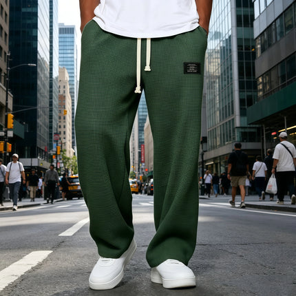 Men Breathable Waffle Knit Wide Leg Sweatpants Drawstring Label Decor Loose Straight Casual Street Sports Trousers