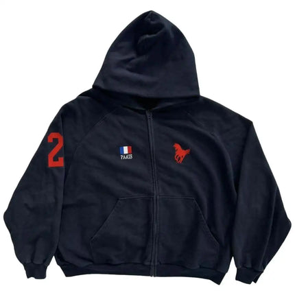 Navy Paris Horse Graphic Zip Up Hoodie, Unisex Y2K Streetwear French Jacket, Casual Edgy Number 2 Hooded Sweatshirt