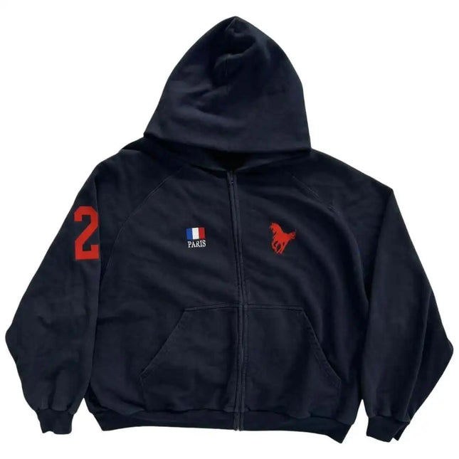 Navy Paris Horse Graphic Zip Up Hoodie, Unisex Y2K Streetwear French Jacket, Casual Edgy Number 2 Hooded Sweatshirt