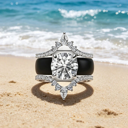 3pcs Pear Shaped Diamond Simulant Crown Ring Black Silicone Stackable Bridal Engagement Wedding Band Set for Her