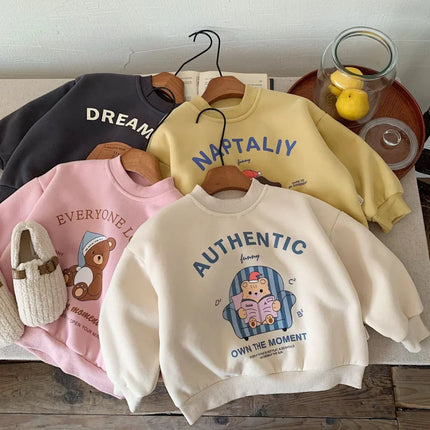 Baby Fashion Cartoon Print Long Sleeve Fleece Sweatshirt Winter Plus Velvet Thick Children Casual Pullover Infant Boy Sweatshirt