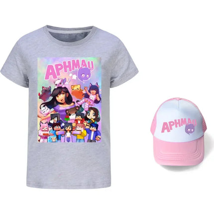 Anime Aphmau Tshit Kids Summer Clothes Baby Girls Cartoon T-Shirt + Sunhat 2pcs Set Boys Short Sleeve Casual Tops Children Tees