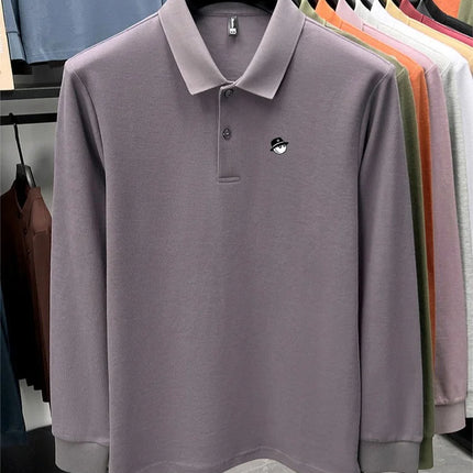 Men's Long-Sleeve Golf Polo Shirt, Branded Print, Spring, 100% Cotton, Comfortable, Breathable, Fashionable, Casual, High-End T-shirt