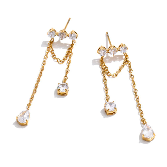 Yhpup Stainless Steel Cubic Zirconia Water Drop Tassel Chain Dangle Earrings Temperament Aesthetic Gold Color Ear Jewelry