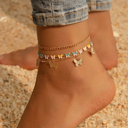 3pcs/set Layered Butterfly Anklet Set: Stackable Foot Jewelry for Beach Days & Free-Spirited Style.