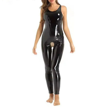 Wet Look Patent Leather Bodysuit High Elastic Bright Leather Crotchless Sleeveless Jumpsuit Nightclub Latex Catsuit For Women