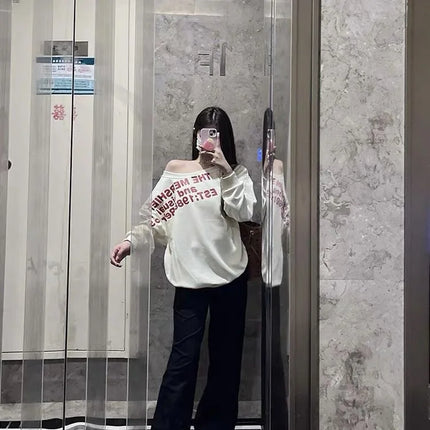 Sexy Oversized T-shirt Women Streetwear Letter Print Skew Collar Off Shoulder Long Sleeve Basic Top Korean Fashion Loose T-shirt