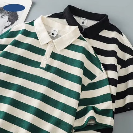 Japanese Sle Striped  irt ort Sve Loose Casual Loose Collar Base irt Heavy T-irt Trendy Brand Breathable
