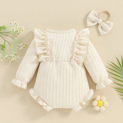 Pudcoco Infant Newborn Baby Girls Autumn Ruffle Romper Long Sleeve Crew Neck Button Up Romper with Headband 0-12M