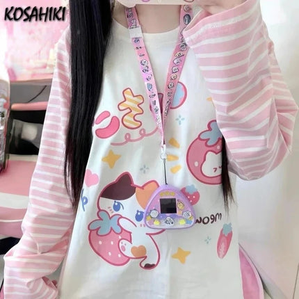 Japanese Patchwork Pink Stripe Casual T-shirt Y2k Cartoon Print Tees Women Harajuku Tops Grunge Kawaii Cute Aesthetic Tshirts
