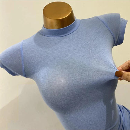 Korean Transparent Short-Sleeved Slim-Fit Elastic Solid Color Bottoming T-shirt with Half-High Collar - Sexy Big Chest T-shirt