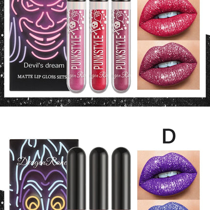 Lip Gloss in a Box of Three, Pearlescent Lipstick in a Non-Stick Cup, Shiny Purple and Black Lip Gloss Set