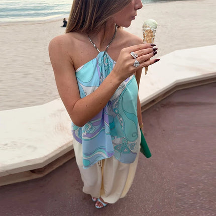 Summer Printed Women Crop Top Metal Strap Backless Lace Up Tank Chic Party Beach Strapless Vestidos 2025 Lady Vacation Clothing