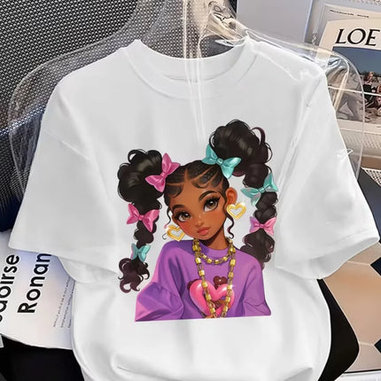 Girls' Summer Crew-Neck Short-Sleeved Top New Black Girls Cute Top Girls Clothes Cartoon Print T-Shirt Top Children's Clothing