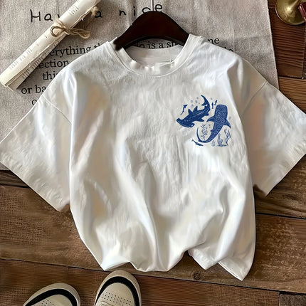 100% Cotton Women's Casual Round Neck T-Shirt with Shark Print Short Sleeve All-Season Fashion Tee for Ladies Girls