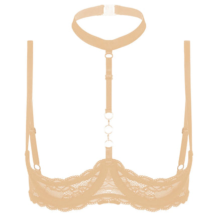 Womens 1/4 Cups Underwire Hollow Out Open Cup Nipples Bra Halter O Ring Exposed Lace Push Up Brassiere Lingerie Bra Underwear