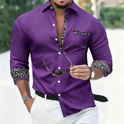 New Men's Casual Contrast Print Dress Shirt, Long Sleeve Turn-down Collar Tops with Floral Trim