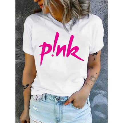 Women's Pink Creative Letter Fashion Harajuku Printed T-shirt Summer Short Sleeve Round Neck Casual Fashion Woman Clothing