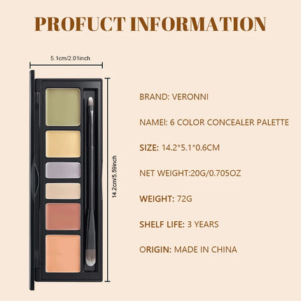 6-color concealer palette with brush,long-lasting concealer, waterproof full coverage concealers,Corrects Dark Circles,Red Marks