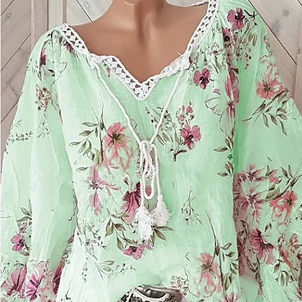 2026 Europe and the United States spring and summer new women's top V-neck splicing print large size long-sleeved shirt women