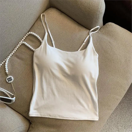 New Women's Slim Fit Tank Top Pure Color Summer Outerwear with Chest Pad Bal Base irt Sli Versatile Casual Wear