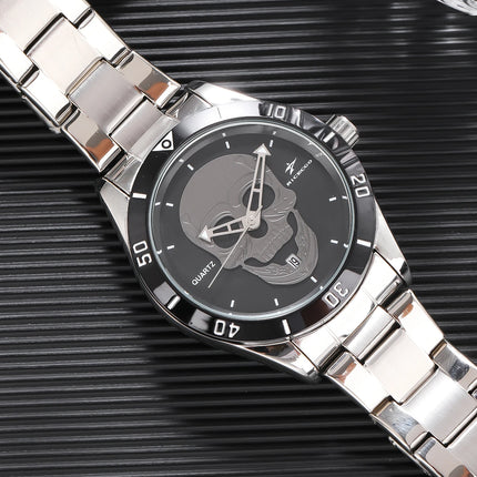 Skull patterned quartz watch, stainless steel strap+dial ring, with calendar display function, personalized and trendy design, s