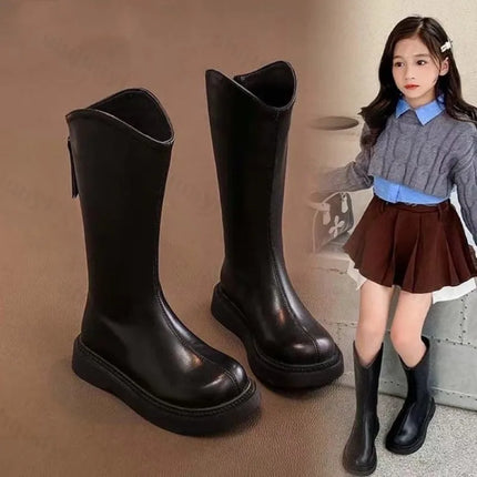 Children Knee Length Boots New 2025 Autumn Student Girls Princess Boots Kids Zipper Comfortable Non Slip Solid Color Long Boots