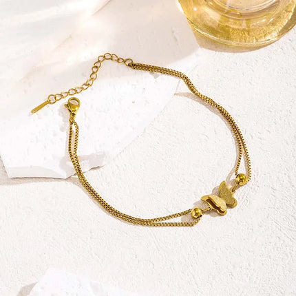 Stainless Steel Metal Double Layer Butterfly Anklet For Women Fashion Gold Color Adjustable Feet Chain Anklet Jewelry Gifts