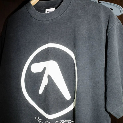 Men T-Shirt Aphex Twin Washed Black Print Cotton Graphic Oversized Korean Fashion Short Sleeve Tops Tees Y2k Streetwear Clothing