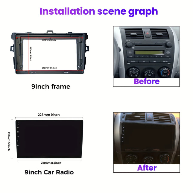 Vehicle Fascia 9 inch Frame 2 Din Car Radio Fascia for  Toyota Corolla 2007 2008-2012 Auto Audio Dash Kit Installation Frame