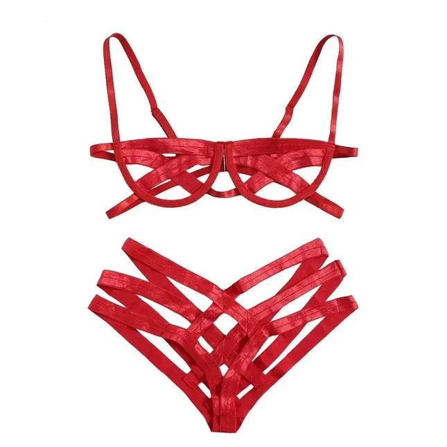 Bondage Harness Lingerie Set Women's Elastic Hollow Out Bra Sets Black Cupless Cage Bra Thong Sexy Intimates Exotic Underwear