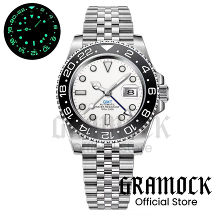 Gramock White Dial Blue GMT 40MM Watch For Men Roating Bezel Sapphire Glass Waterproof Reloj Hombre NH34A Mechanical Wristwatch