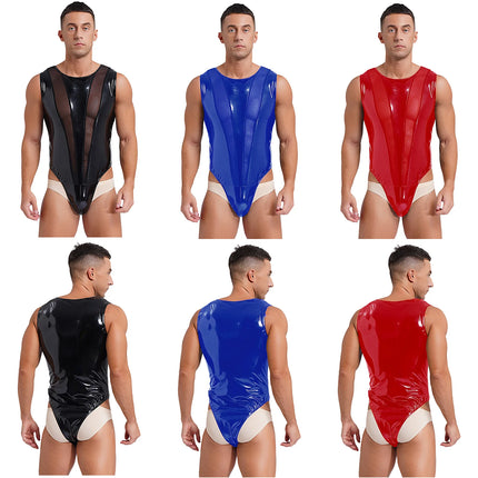 Mens Wet Look Patent Leather Bodysuit Sleeveless Mesh Patchwork Buttoned Crotch Leotard Jumpsuit Clubwear Pole Dance Costumes