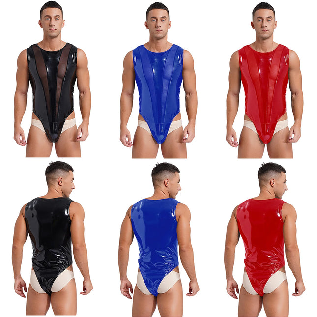 Mens Wet Look Patent Leather Bodysuit Sleeveless Mesh Patchwork Buttoned Crotch Leotard Jumpsuit Clubwear Pole Dance Costumes