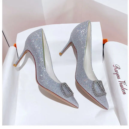 2025 New Women's Slim High-Heeled Pointed Toe Pumps with Rhinestone Buckle - Sexy Shallow-Cut Single Shoes