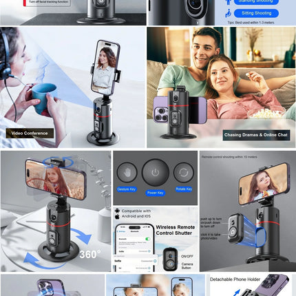 Auto Face Tracking Tripod 360° Rotation, Auto Tracking Phone Holder Remote Moving Tripod for Live Video Vlog