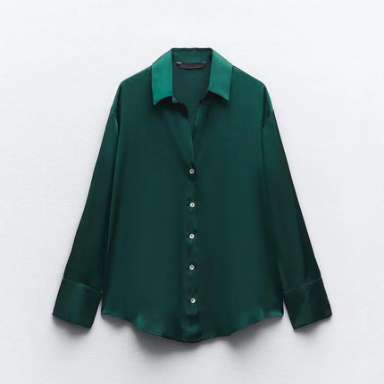 Classic Silk Satin Feel Shirt New Spring Collection Long Sleeve Polyester Fabric Women's Premium Fashion Regular Length